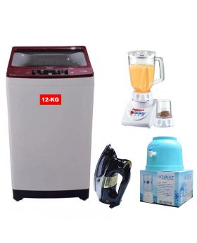 Haier Full Automatic Washing Machine HWM-120-826E + National Deluxe Automatic Iron RM-57 + National Romex Blender 2 In 1 + Target Water Dispenser