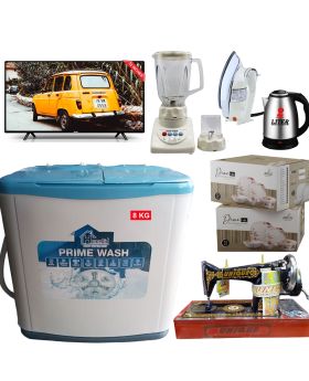 Homeaid Twin Tub Prime Wash Washing Machine HA-9077 + OKTRA Series (K568S) 32" inch Smart Sense HD LED TV + Unique Sewing Machine + Arkon 72 PCS Dinner Set + National Deluxe Automatic Iron RM-57 + OXFORD Super BlenderOX 602 + 2L Automatic Electric Kettle