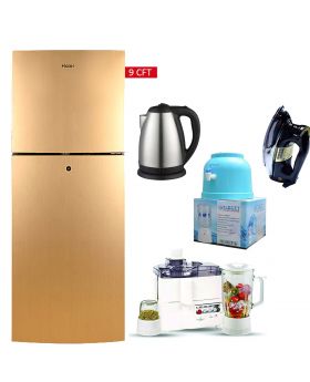 Haier Refrigerator 9 Cft HRF-246 EBS/EBD + National 3 In 1 Juicer, Blender & Dry Mill SP-178-J + National Deluxe Automatic Iron RM-57 + NATIONAL EXCLUSIVE ELETRIC KETTLE  + Target Water Dispenser