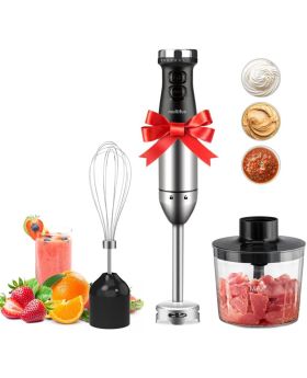 3-in-1 Immersion Blender with Heavy Duty Copper Motor, Titanium Steel Blades, Comfy Grip Handle, with Whisk, Chopper/Grinder Bowl and Beaker