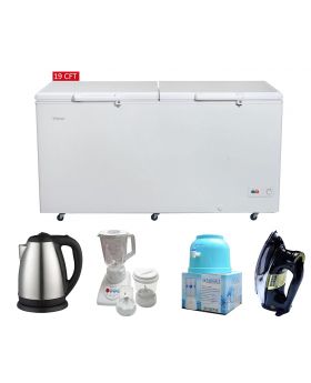Haier Chest Freezer HDF-545DD + National 3 In 1 with Blender Drymill and Chopper - HJ-8883 + National Deluxe Automatic Iron RM-57 + NATIONAL EXCLUSIVE ELETRIC KETTLE  + Target Water Dispenser