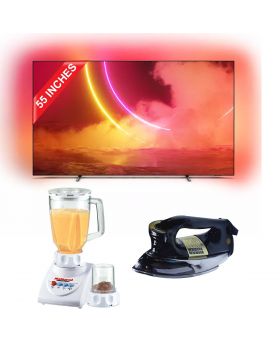 Philips OLED 8 Series 55” 55OLED805_98 4K Ultra HD LED Smart TV with Android Tv 9 (Pie) OS + National Deluxe Automatic Iron RM-57 + National Romex Blender 2 In 1