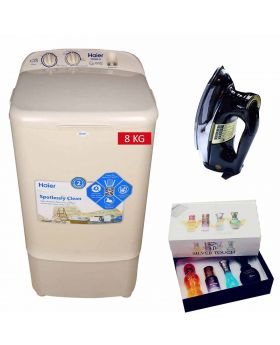 Haier HWM-8035 8 KG Single Tub Washing Machine + National Deluxe Automatic Iron RM-57 + Silver Touch Perfume Set