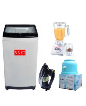 Haier HWM 85-826 Top Loading Automatic Washing Machine 8.5 Kg +  National Deluxe Automatic Iron RM-57 + National Romex Blender 2 In 1 + Target Water Dispenser