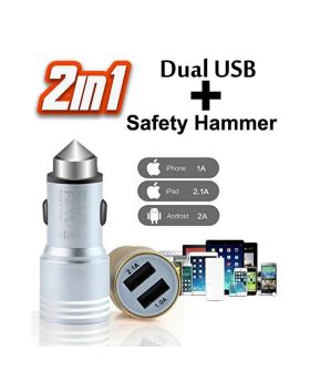 Dual USB Ports Car Charger Aluminum Metal Safety Hammer 2 USB Port Travel Charger
