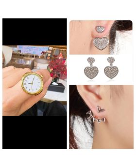 Combo Pack Watch finger ring + crystal heart gold earrings + v-shap crystal earrings