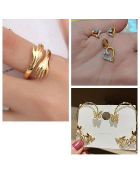 Combo Pack Hug ring + Butterfly earcuffs earring + heart crystal set 