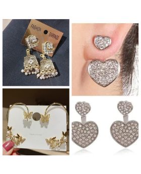 Combo Pack Square golden jhumki + Butterfly earcuffs earring + Crystal flower heart gold earrings.
