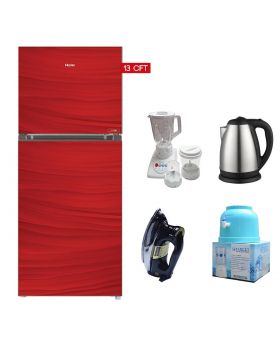 Haier Glass Door Refrigerator HRF-368EPB/EPR/EPC + National Deluxe Automatic Iron RM-57 + Target Water Dispenser + National 3 In 1 with Blender Drymill and Chopper - HJ-8883 + National Exclusive Electric Kettle