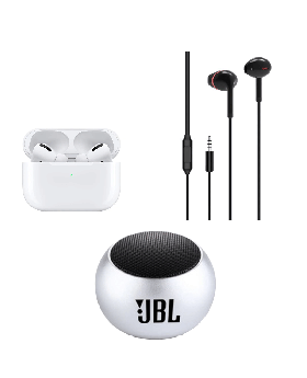Apple Airpods Pro White & Black (Master Copy) +  Rechargeable Bluetooth Mini Speaker M3 + ITEL Super Sound Earphones IEP-21