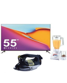 ITEL G5514 SMART 55″ ANDROID TV + National Romex Blender 2 In 1 + National Deluxe Automatic Iron RM-57