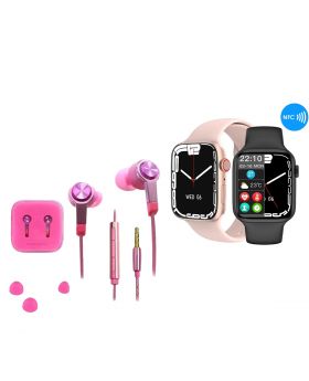 IW7 Series 7 Smart Watch NFC 1.69-inch HD Screen Men and Women Custom Watch Face BT Call Waterproof 2022 Smartwatch For Android and IOS + MI New-Pink Earphones-Handsfree Mobile Stereo Earphones Wired Wired Headset