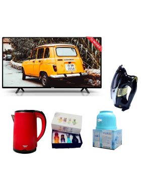 OKTRA Series (K568S) 32" inch Smart Sense HD LED TV + Target Water Dispenser + National Romex Electric Kettle 2 Liter Cool Touch + National Deluxe Automatic Iron RM-57 + Silver Touch Perfume Set