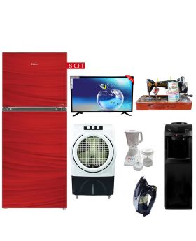 Haier Glass Door Refrigerator 8 Cft HRF-216 EPC/EPB/EPR + SG 42'' Inch Led Tv + Family Sewing Machine + Orient Dispenser 2 Tap Icon-2 (Grey Color) + Super Asia ECM-4600 Plus Air Cooler + National 3 In 1 J-8883 + National Deluxe Automatic Iron RM-57