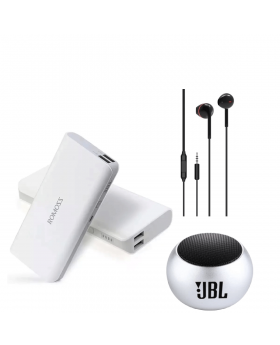 ROMOSS Power Bank 10000mAh + ITEL Premium Sound Earphones IEP-21 + Rechargeable Bluetooth Mini Speaker M3