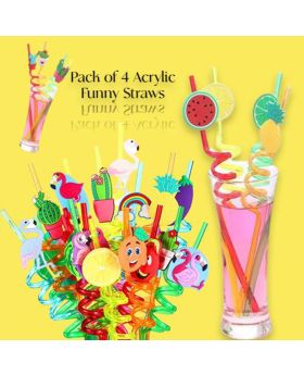 Pack of 4 Acrylic Kids Funny Straws (Mix/Random Emojis/Designs)