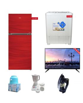 Haier E-Star Refrigerator HRF-336 EBS/EBD Without Handle  + National Deluxe Automatic Iron RM-57 + Target Water Disenser + National 3 In 1 with Blender Drymill and Chopper - HJ-8883 + Haier Semi-Automatic W/M HWM-75AS + EcoStar 32 Inch Sound Pro CX-32U575