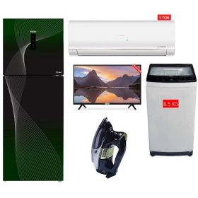 Haier HWM 85-826 Top Loading Automatic Washing Machine + Haier 1 Ton Non-Inverter AC HSU-12CF + TCL 32" Full HD Smart Android LED TV 32S5200 + National Deluxe Automatic Iron RM-57 + Haier Refrigerator HRF-336-FGA/IFRA/IFPA Digital Inverter
