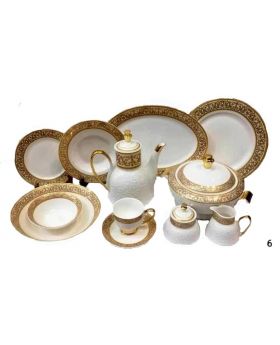 New Bone Porona Extra Heavy Golden With Embossing Dinner Set 61 Pieces 