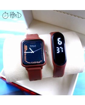 FITBIT QUARTZ WATCH  + LED TOUCH BAND WATCH  + HMD BRAND BOX (Brown Shade)