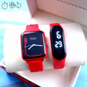 FITBIT QUARTZ WATCH  + LED TOUCH BAND WATCH  + HMD BRAND BOX (Red Square)