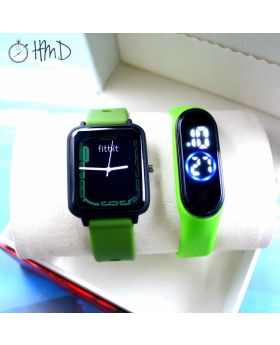 FITBIT QUARTZ WATCH  + LED TOUCH BAND WATCH  + HMD BRAND BOX (Green Square)